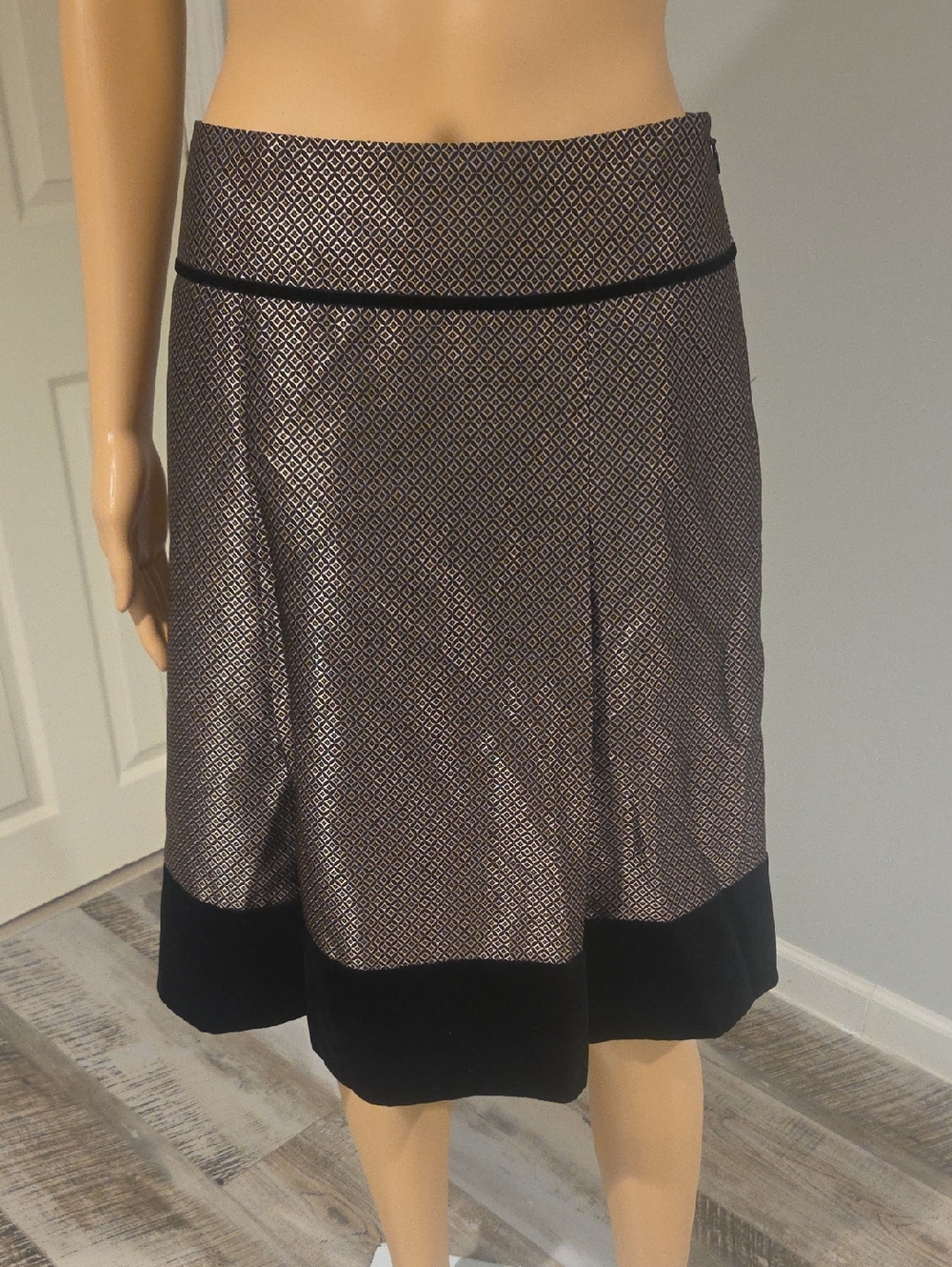 Ann Taylor Taupe Metallic Midi Skirt with Black Banding